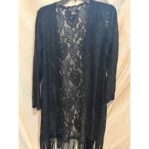 Questions Black Lace Duster Cardigan Kimono‎ Fringe Size M